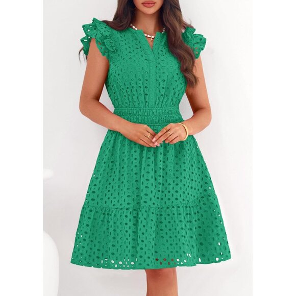 Women's Green V Neck Eyelet Cap Sleeve Summer Beach Vacation Sundresseses - Picture 2 of 8